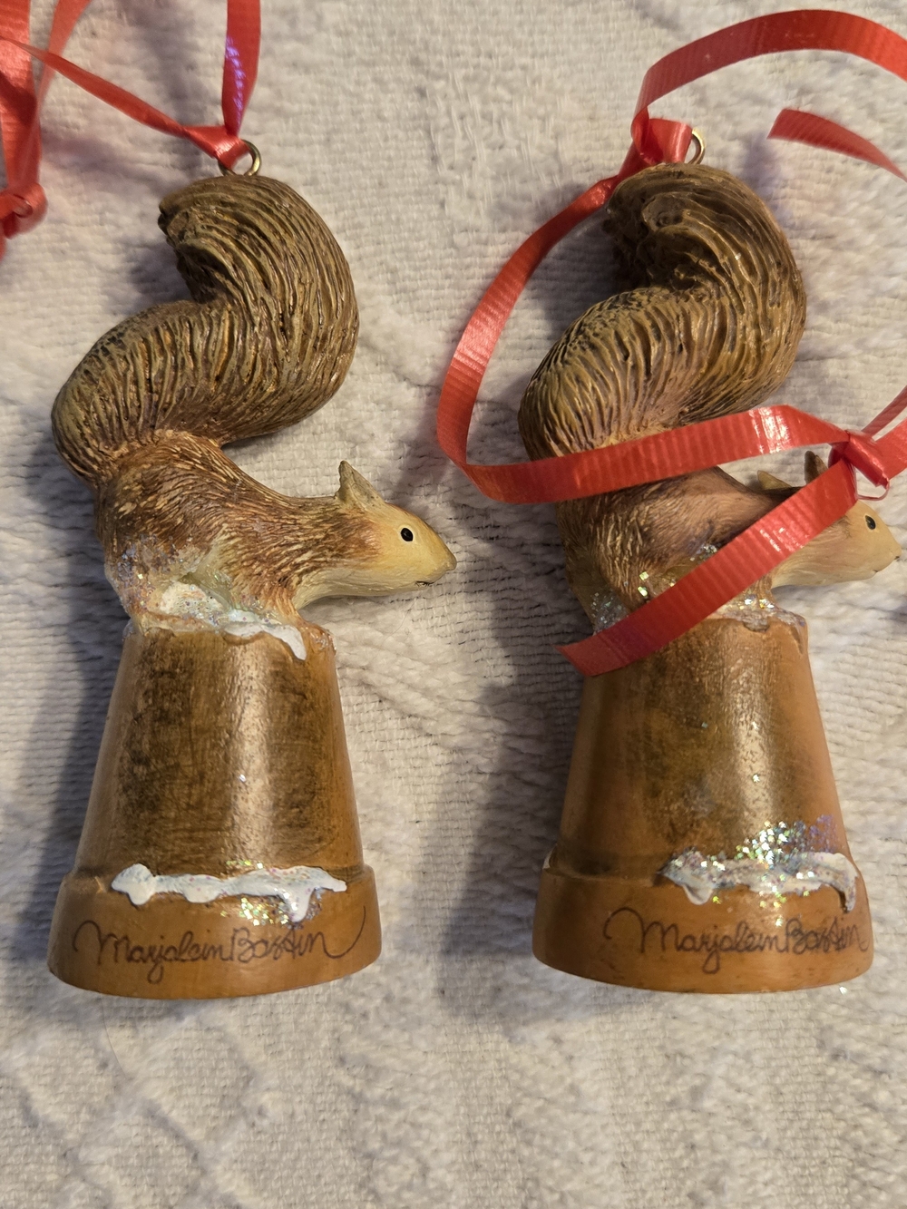 Hand-Painted Brown Squirrel Ornaments with Red Ribbon (Pair)